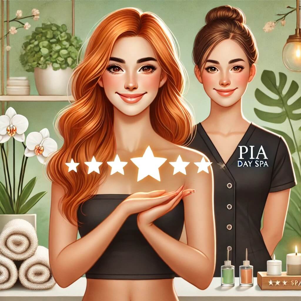 A Tampa, redheaded woman smiling happily after a waxing session at Pia Esthetics Day Spa in Tampa. She is holding a testimonial card with a glowing review