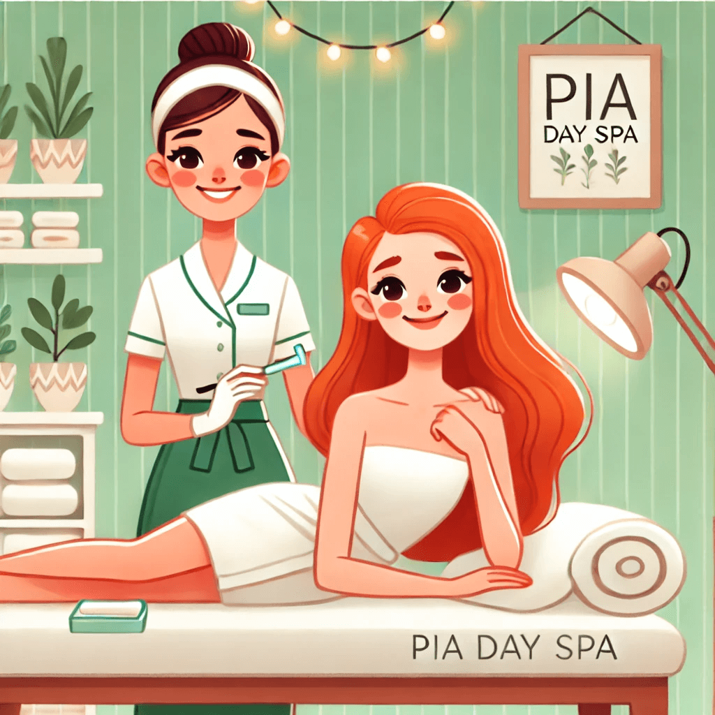 A cheerful redheaded woman with fair skin enjoying a waxing session at Pia Esthetics Day Spa.