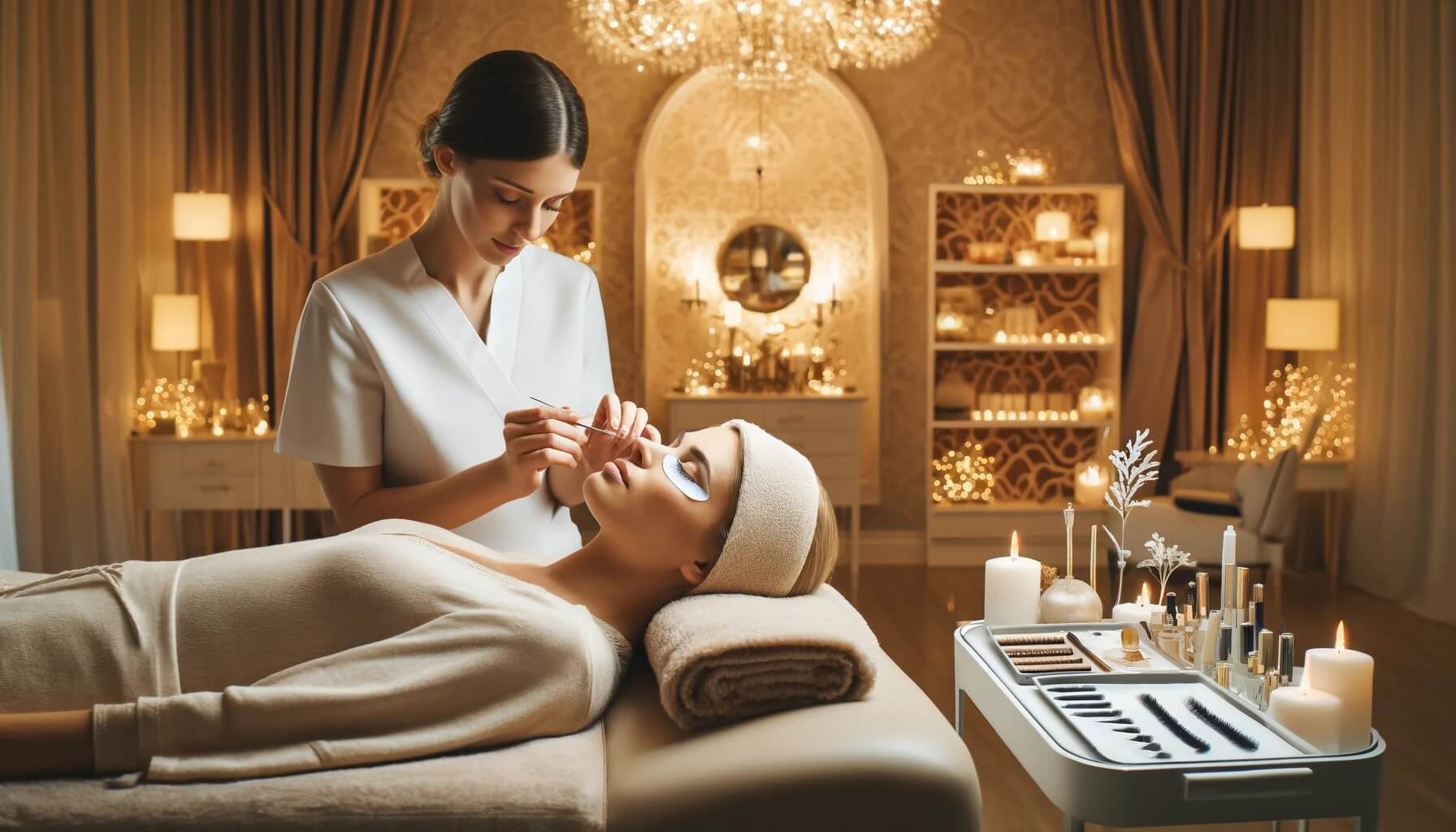 Professional lash technician applying eyelash extensions in a serene spa environment at Pia Esthetics Day Spa in Tampa.